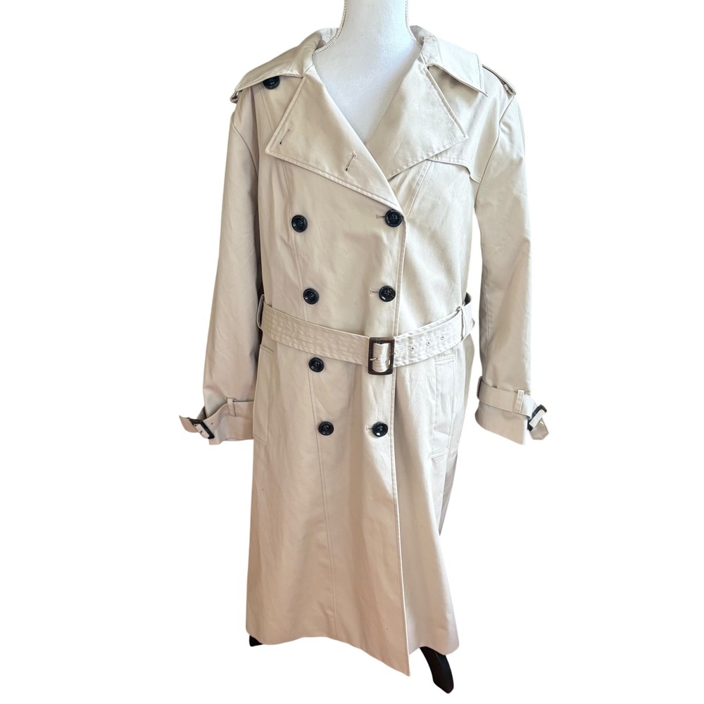Lands End Long Trench Coat Double Breasted Tan Beige Sz 16W Classic Preppy Retro